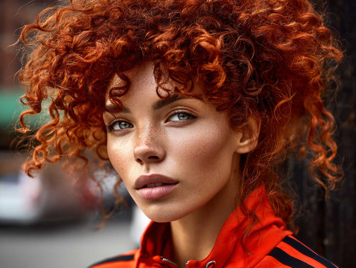 portrait of a woman with fiery crimson curly hair, fierce expression, glowing skin, sharp cheekbones, modern streetwear, cinematic lighting, urban background, fashion editorial photography