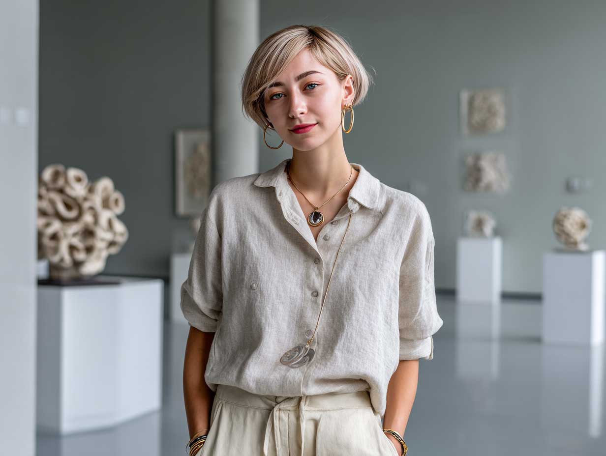 full length woman with burnt rose short bob tucked behind ears, wearing neutral tones, minimal jewelry, modern art museum background, clean studio lighting, contemporary style
