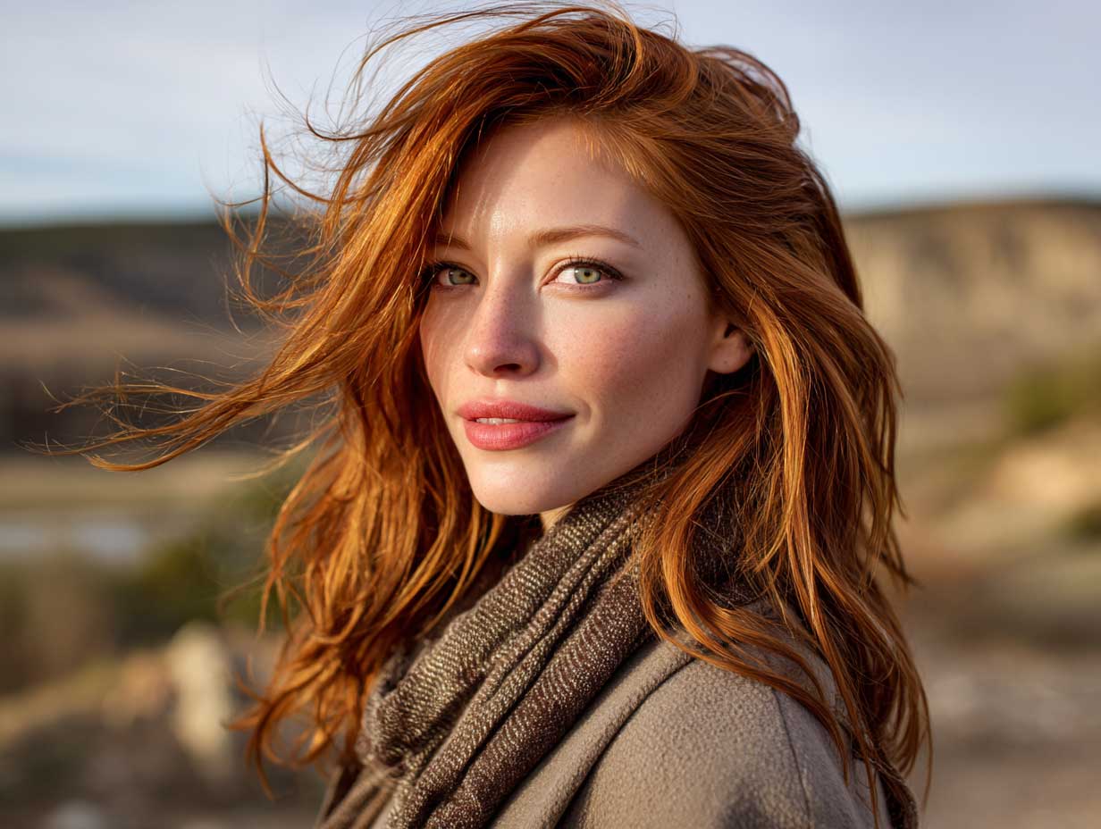 portrait of a woman with layered copper red hair, warm golden highlights, natural makeup, soft wind-blown effect, earthy toned outfit, golden hour lighting, scenic nature backdrop