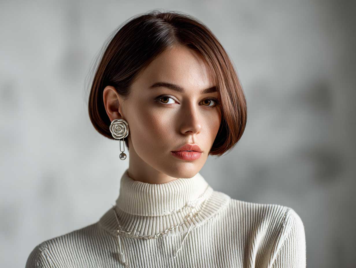 full length woman with burnt rose short bob tucked behind ears, wearing neutral tones, minimal jewelry, modern art museum background, clean studio lighting, contemporary style
