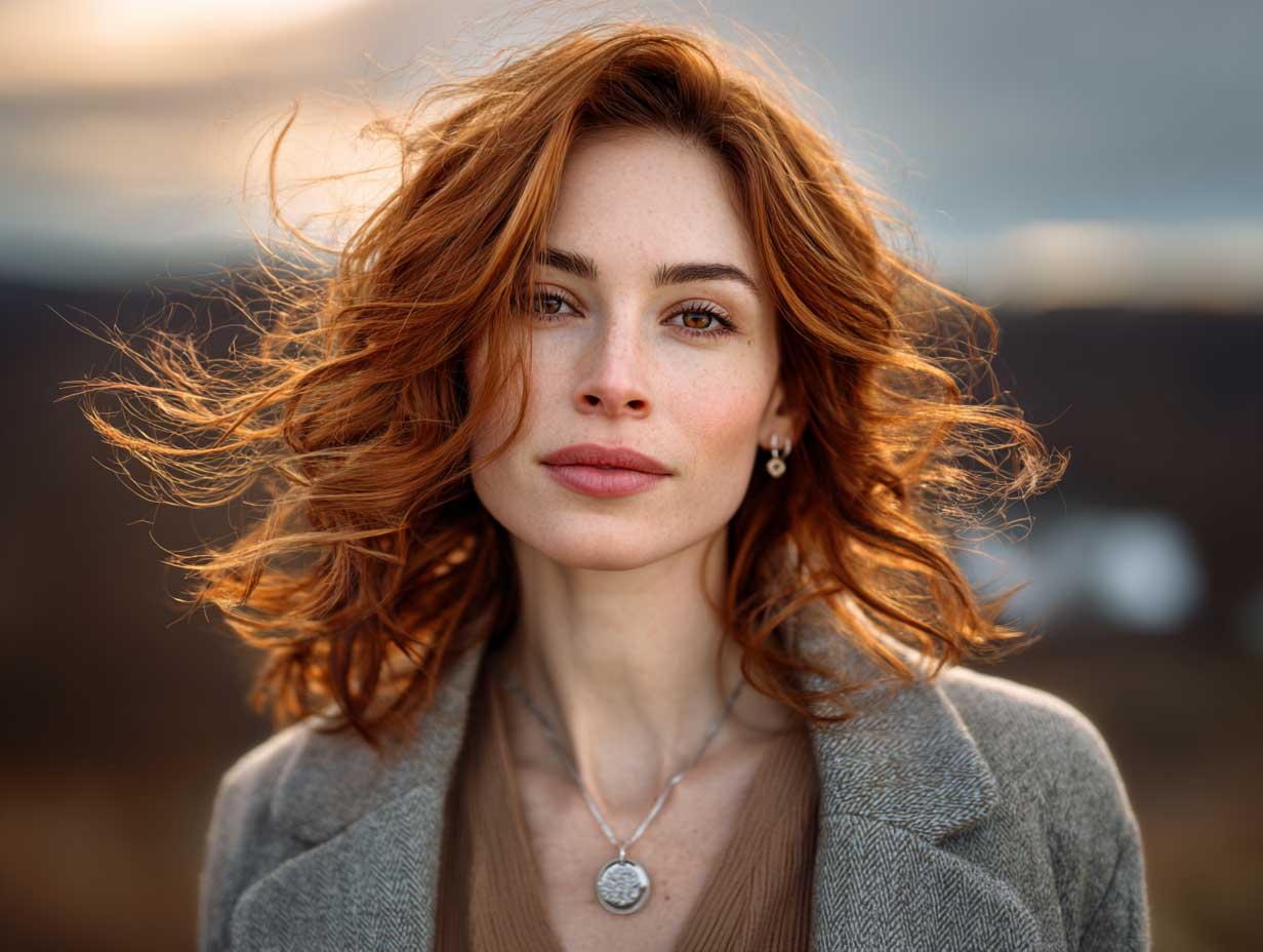 portrait of a woman with layered copper red hair, warm golden highlights, natural makeup, soft wind-blown effect, earthy toned outfit, golden hour lighting, scenic nature backdrop