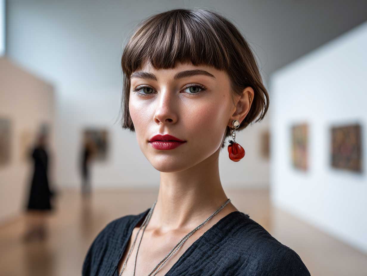 full length woman with burnt rose short bob tucked behind ears, wearing neutral tones, minimal jewelry, modern art museum background, clean studio lighting, contemporary style
