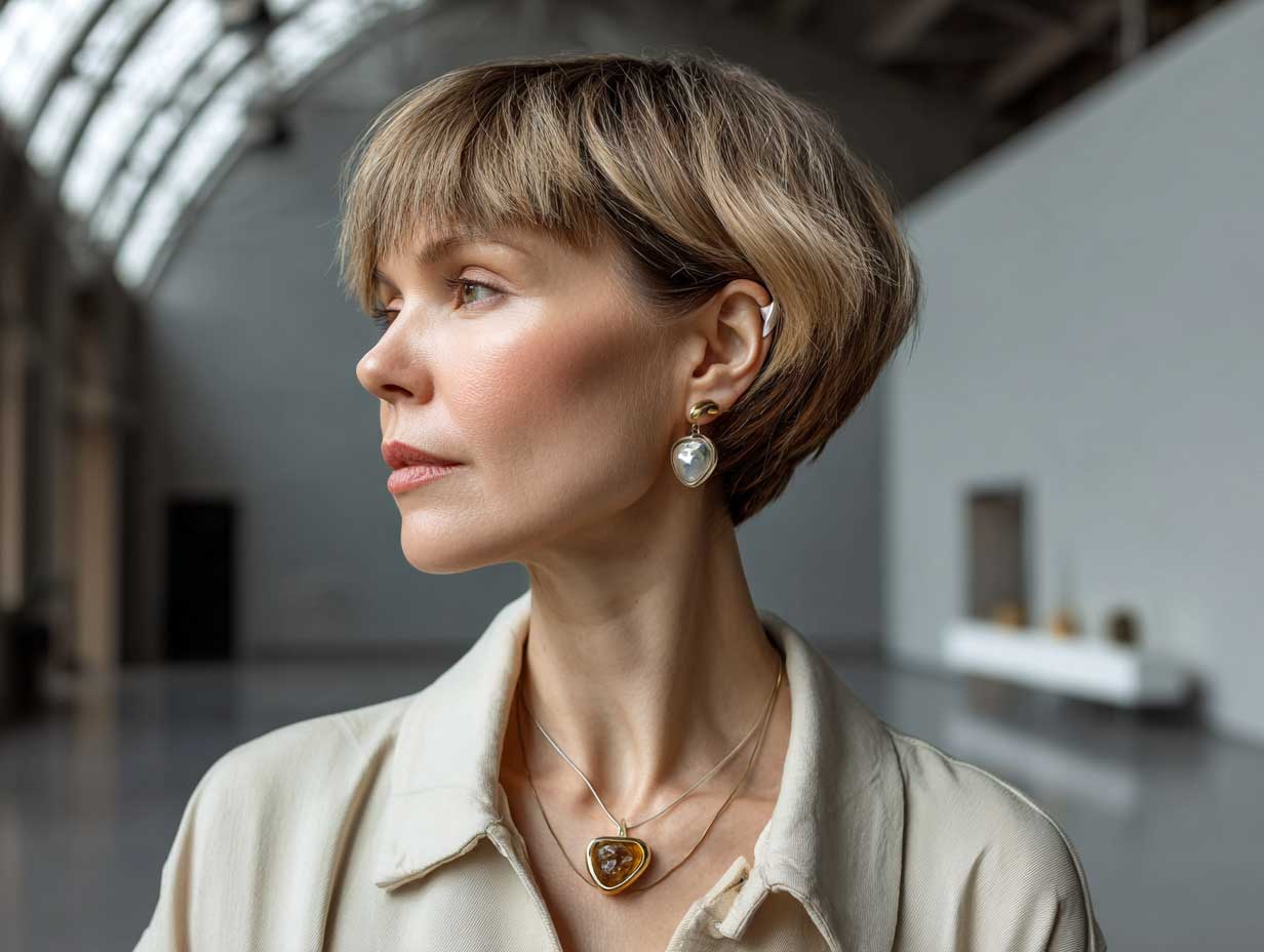 full length woman with burnt rose short bob tucked behind ears, wearing neutral tones, minimal jewelry, modern art museum background, clean studio lighting, contemporary style