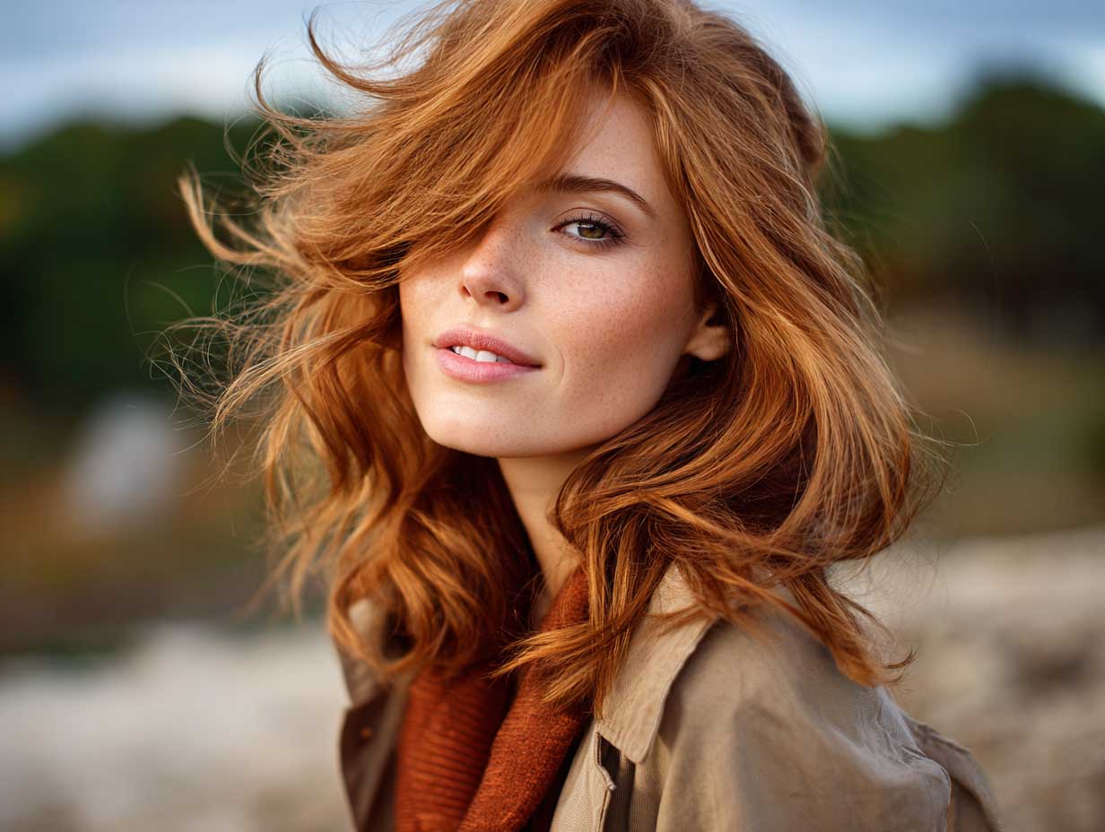portrait of a woman with layered copper red hair, warm golden highlights, natural makeup, soft wind-blown effect, earthy toned outfit, golden hour lighting, scenic nature backdrop