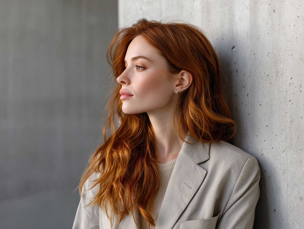 long straight hair with subtle rust red underdye, neutral outfit, standing against minimalist concrete wall, side profile, soft natural daylight, full length editorial photo