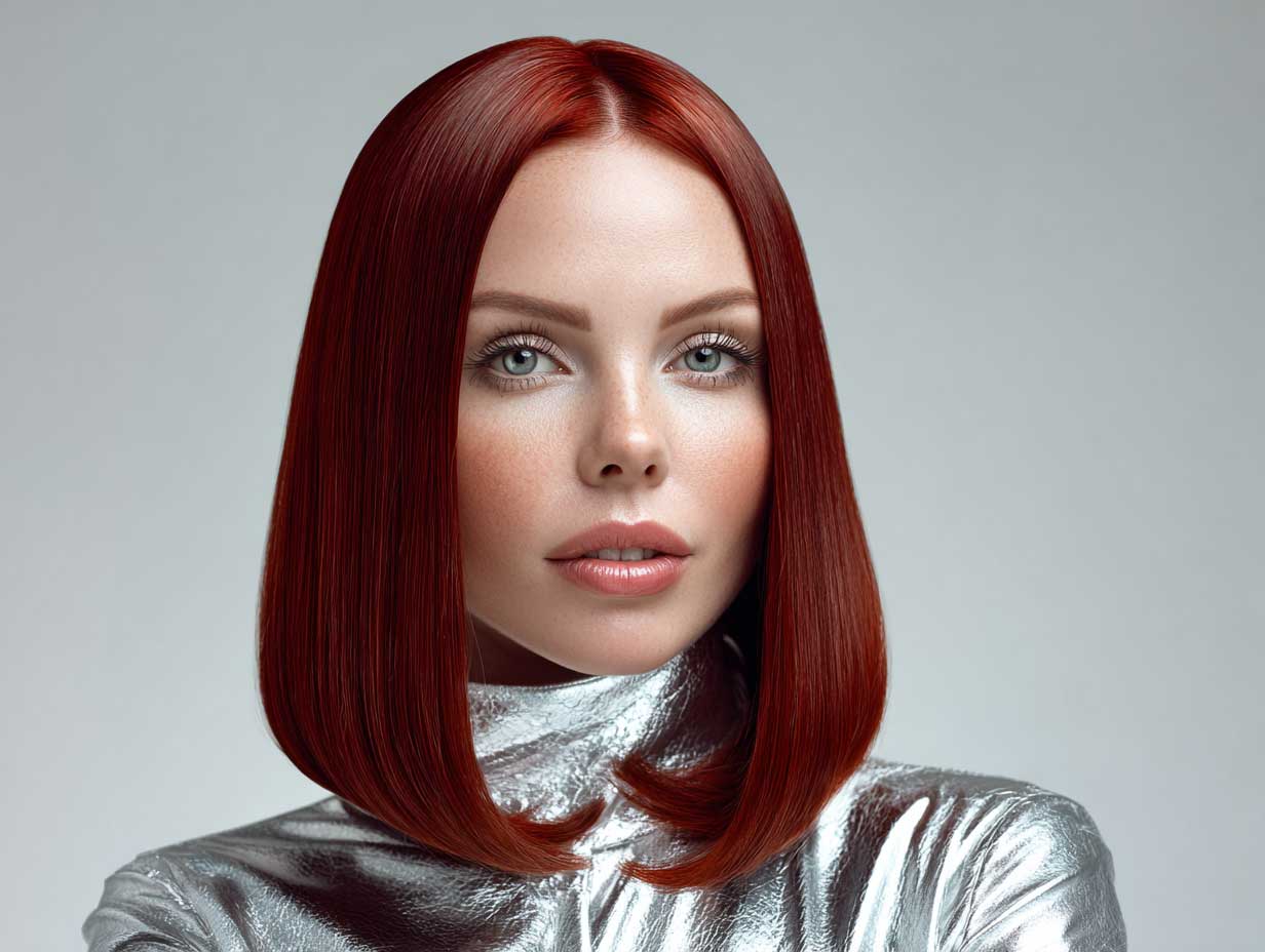 portrait of a woman with sleek straight mahogany red hair, glossy texture, minimalist makeup, futuristic silver outfit, clean white background, soft studio light, magazine aesthetic
