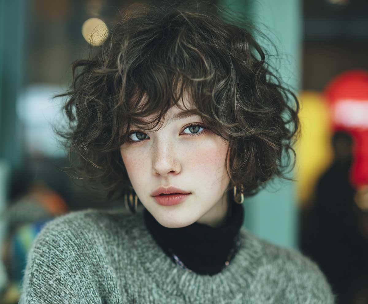 portrait photo of a woman with a layered Korean short hair perm in muted ash green, feathered curls, light texture, wispy bangs, soft natural lighting, street fashion vibe