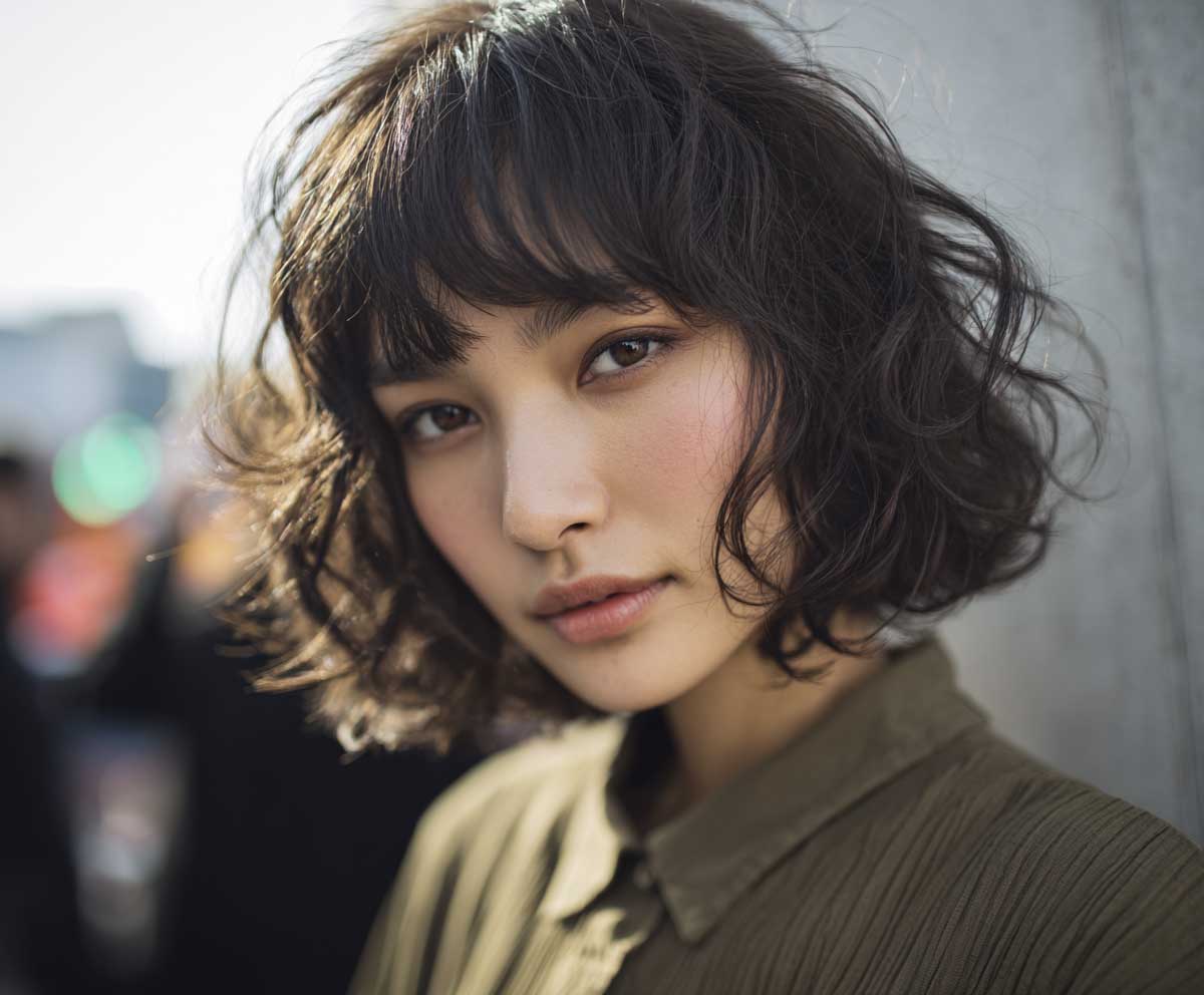 portrait photo of a woman with a layered Korean short hair perm in muted ash green, feathered curls, light texture, wispy bangs, soft natural lighting, street fashion vibe