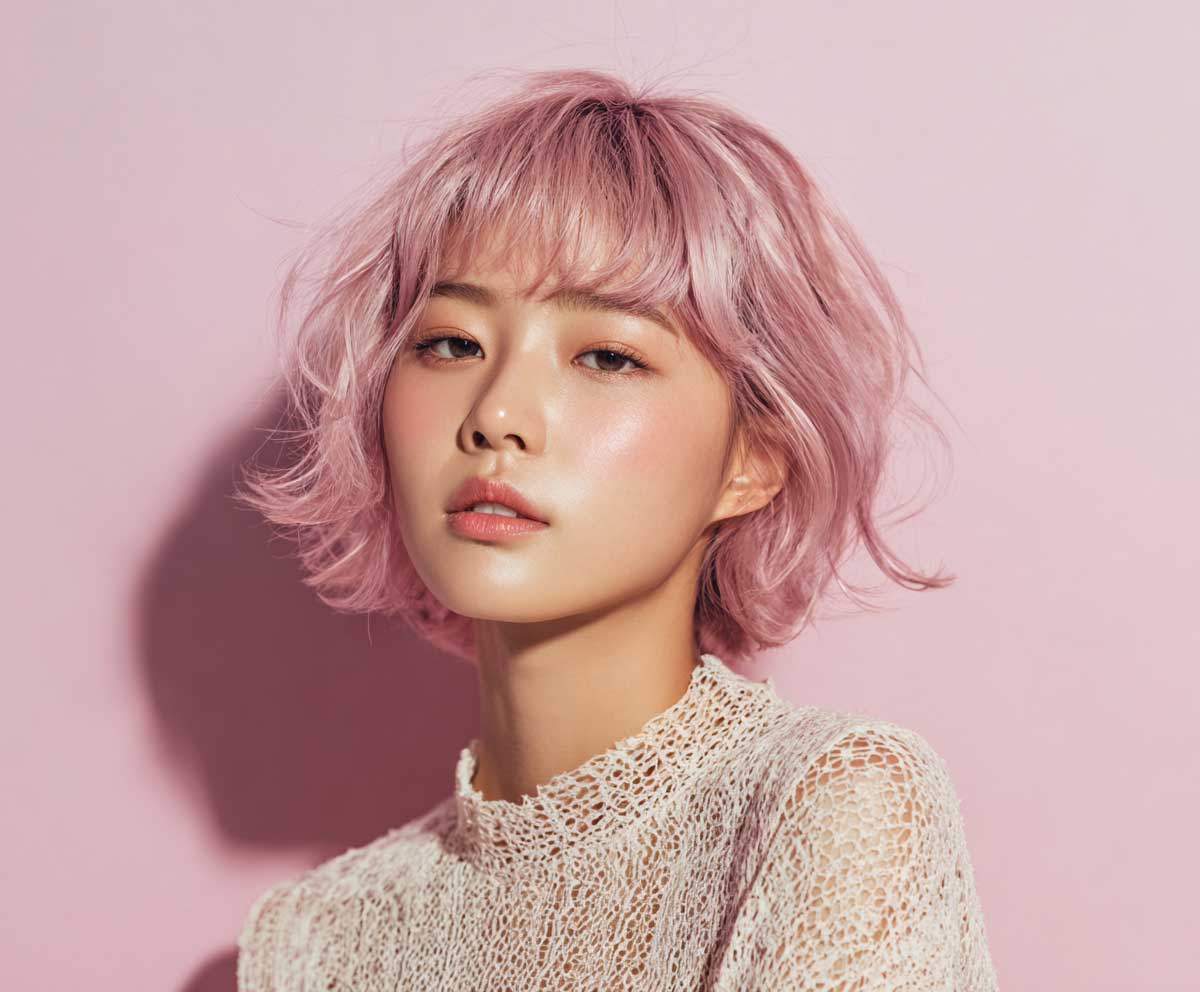 portrait of a young woman with a Korean style short hair perm in milky pink, smooth C curl ends, see-through bangs, pastel styling, bright natural lighting, trendy beauty editorial photo