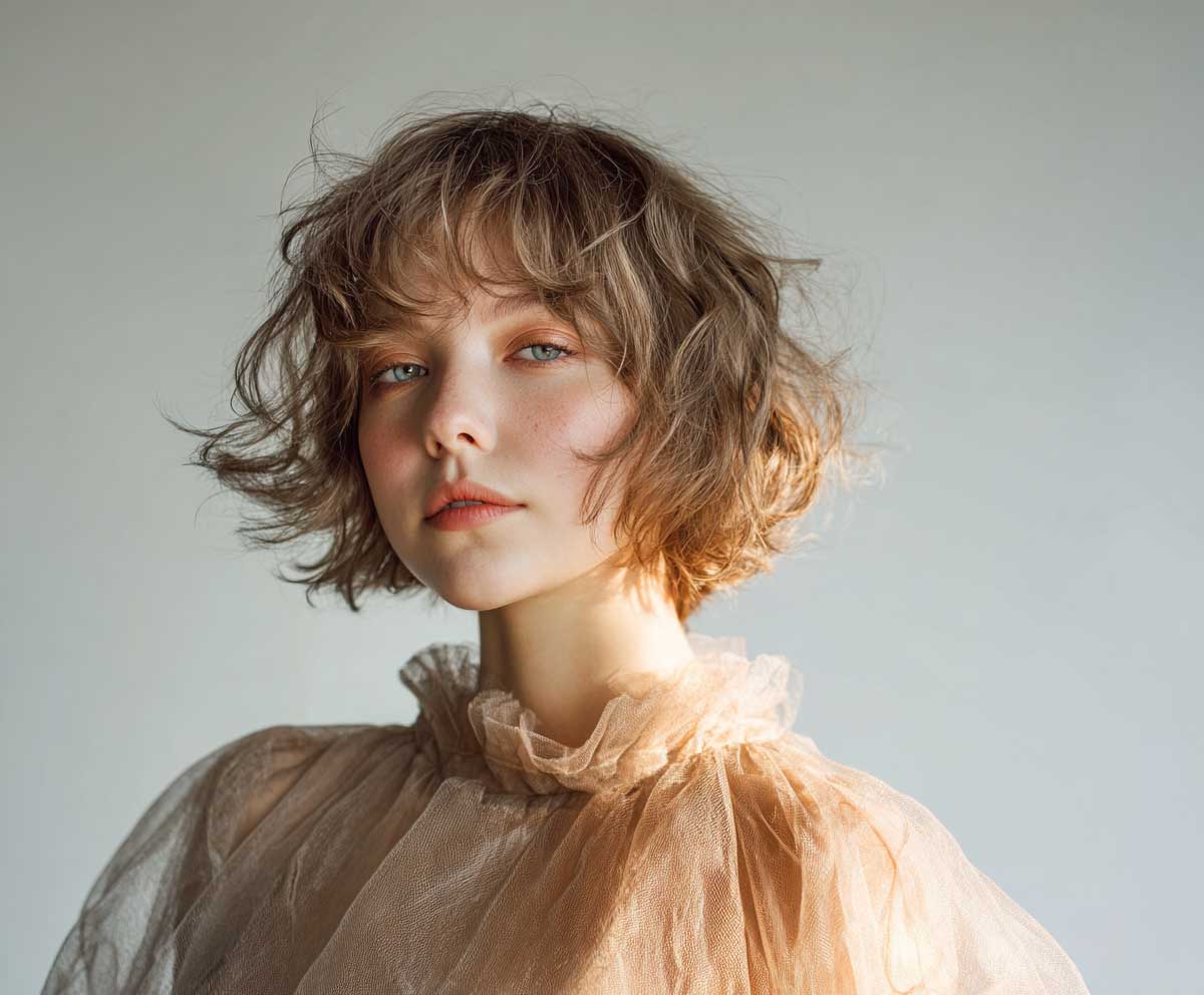 portrait of a young woman with a short hair perm in smoky beige, soft volumized waves, Korean inspired styling, airy fringe, dewy skin, clean neutral background, daylight studio photo