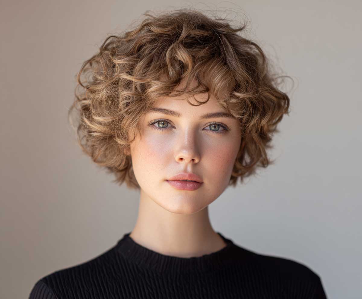 portrait of a young woman with a short hair perm in smoky beige, soft volumized waves, Korean inspired styling, airy fringe, dewy skin, clean neutral background, daylight studio photo