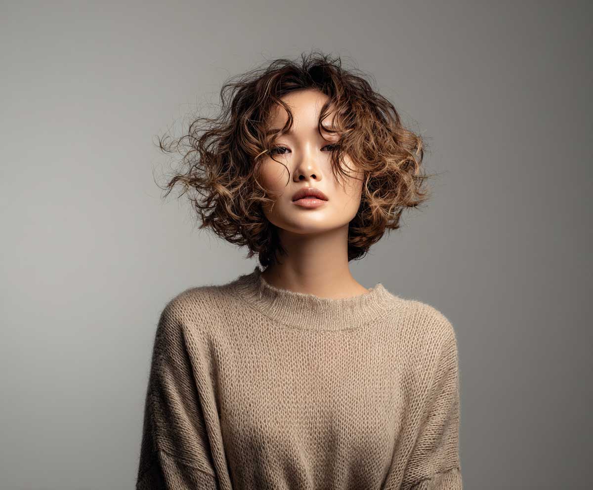 portrait of a young woman with a short hair perm in smoky beige, soft volumized waves, Korean inspired styling, airy fringe, dewy skin, clean neutral background, daylight studio photo