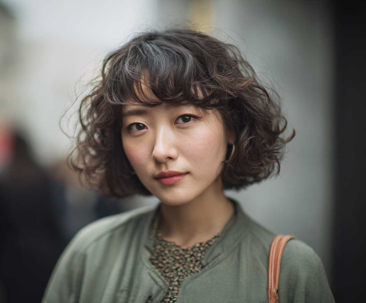 portrait photo of a woman with a layered Korean short hair perm in muted ash green, feathered curls, light texture, wispy bangs, soft natural lighting, street fashion vibe