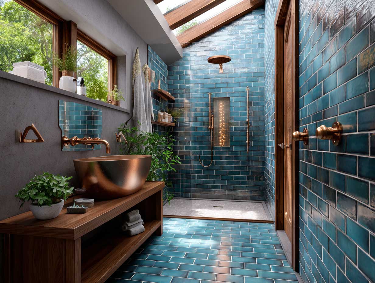 modern walk-in shower with glossy teal subway tiles, metallic copper fixtures, warm lighting, clean grout lines, luxury spa feel, vertical composition, full length