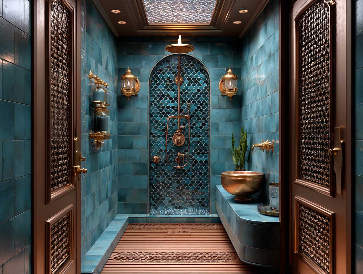 Moroccan-inspired teal and copper patterned tiles in luxury shower, eclectic boho design, warm lighting, antique-style fixtures, vertical framing, richly detailed, full-length