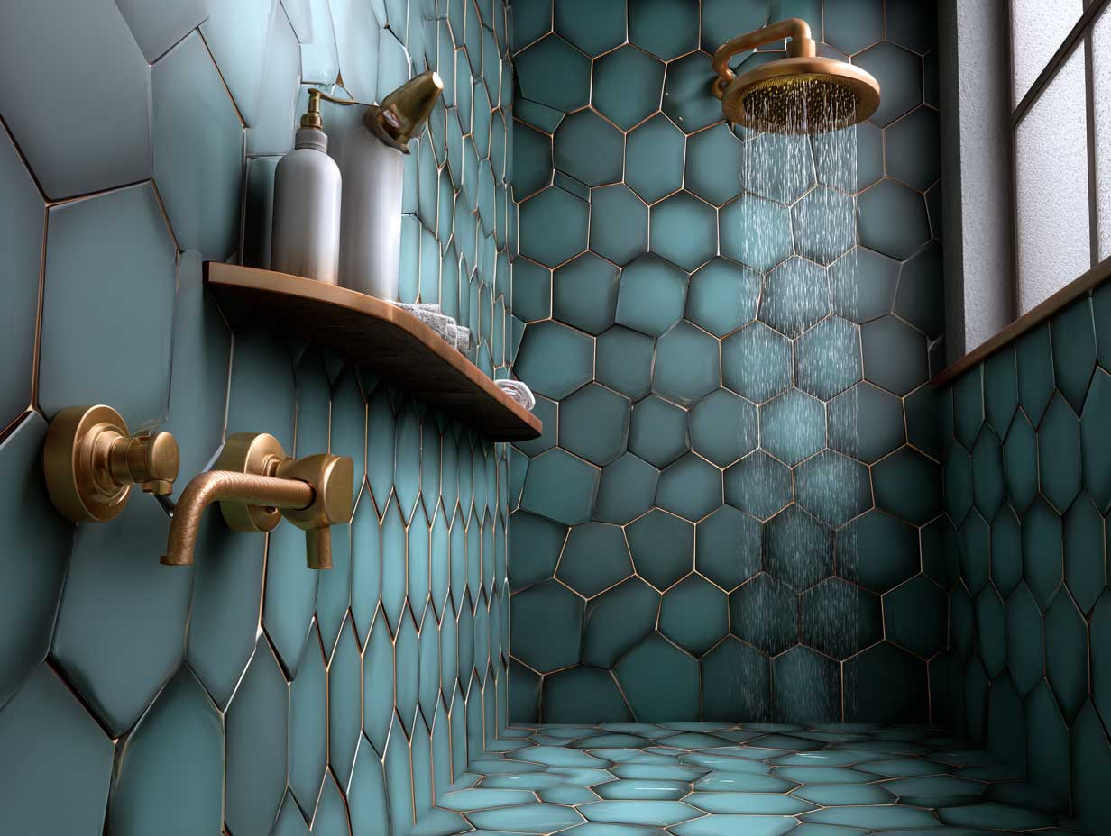 copper hexagon tiled shower walls with teal grout, geometric pattern, ambient lighting, minimalist fixtures, modern bathroom design, vertical layout, hyperrealistic style