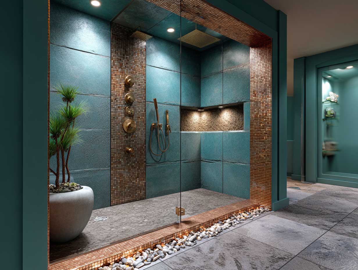 luxurious bathroom shower with matte teal wall panels and copper mosaic accent strip, textured tiles, moody lighting, frameless glass door, full body view