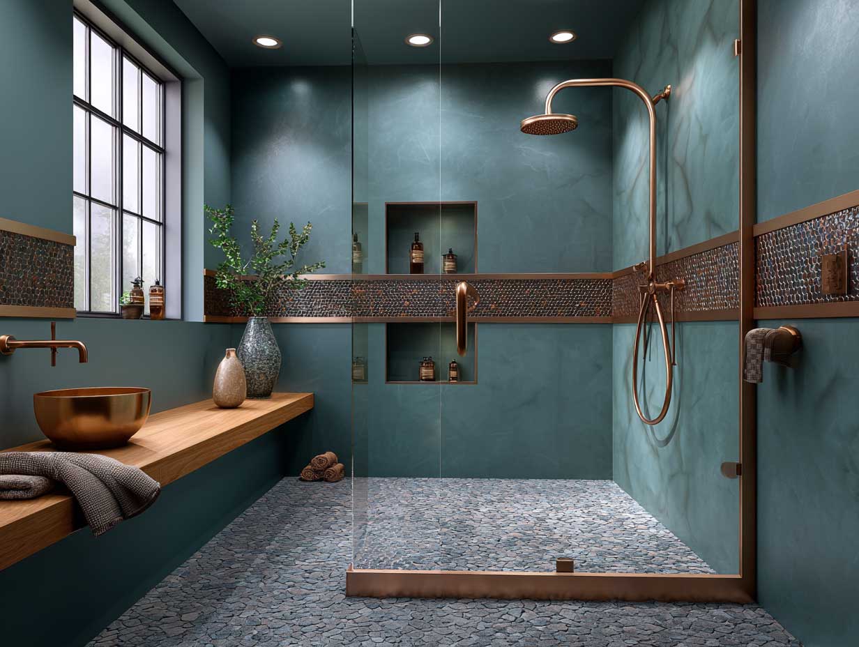 luxurious bathroom shower with matte teal wall panels and copper mosaic accent strip, textured tiles, moody lighting, frameless glass door, full body view