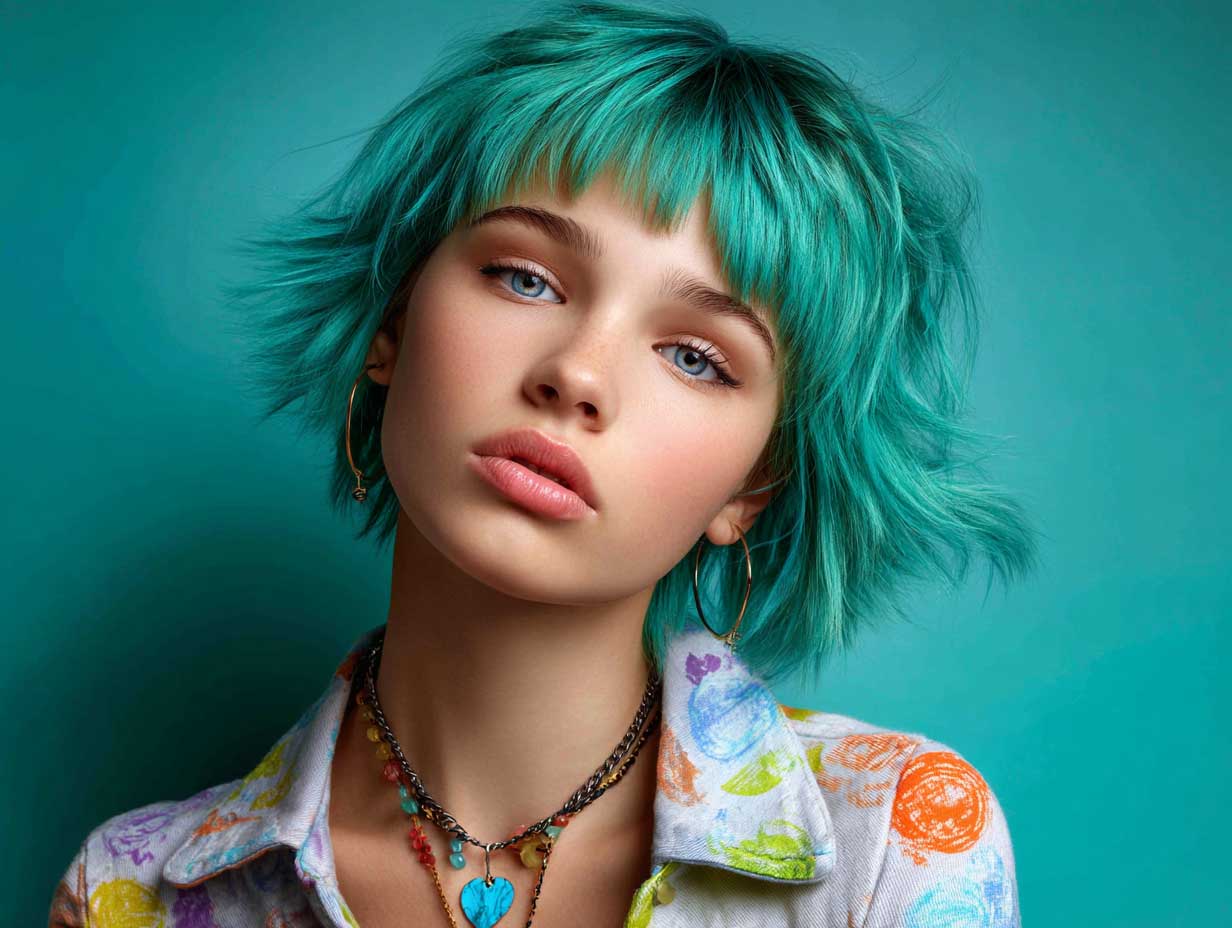 creative model, teal green shag haircut, chin to shoulder length, bold choppy fringe, edgy styling, colored hair texture, contemporary wardrobe, artistic backdrop, full-length photo