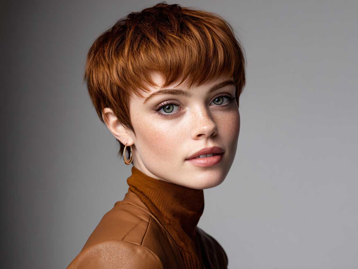 female model with copper tapered pixie haircut, short micro fringe, sleek texture, soft studio lighting, neutral background, modern clothing, full-length composition