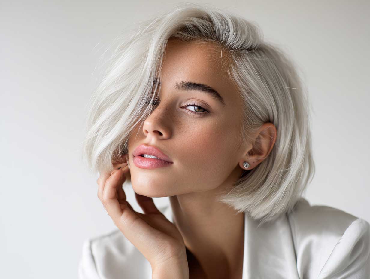 editorial style model, platinum blonde chin-length blunt bob, deep side part, soft wave texture, fashion editorial, white background, sharp lighting, minimal makeup