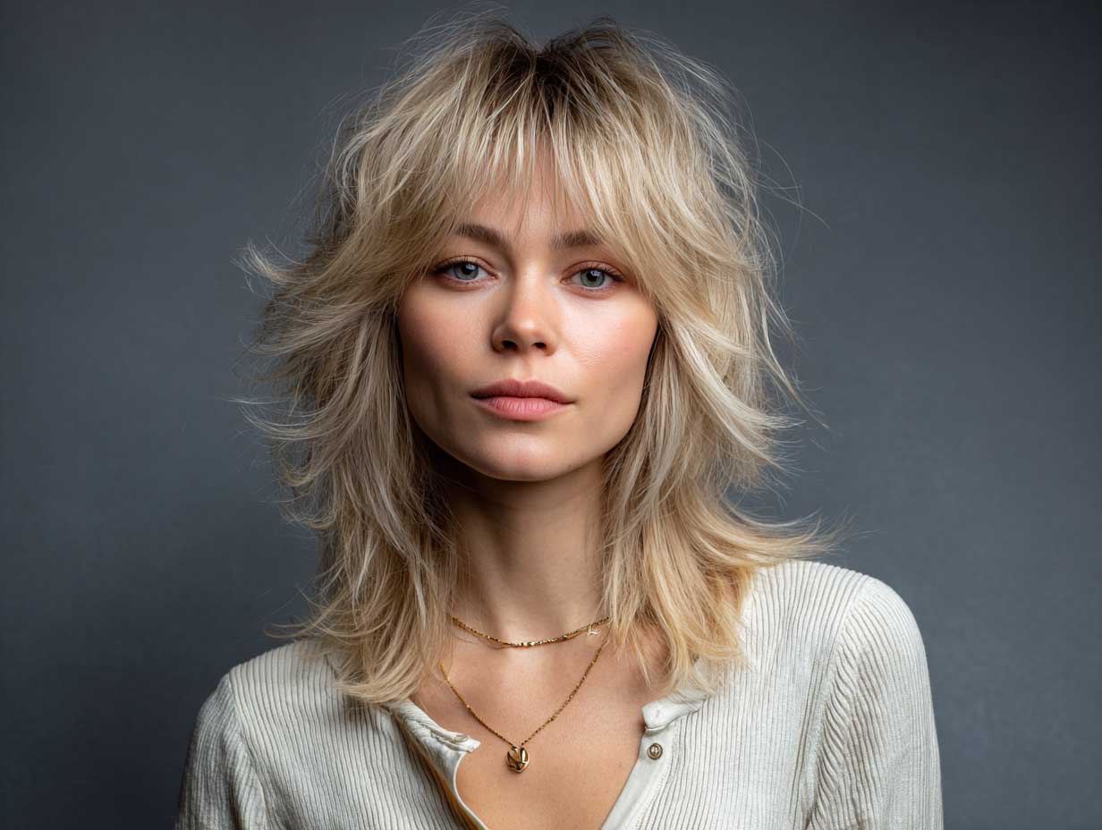 runway model, sandy blonde shag haircut, soft feathered layers, wispy curtain bangs, medium length, tousled texture, casual outfit, full-length portrait