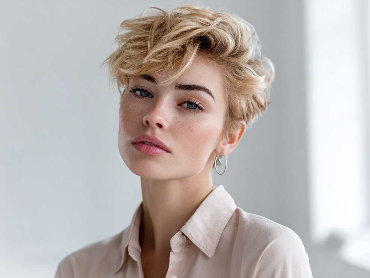 woman with golden blonde tapered pixie cut, gentle side volume, soft natural waves, minimal makeup, bright interior background, stylish outfit, full-body image