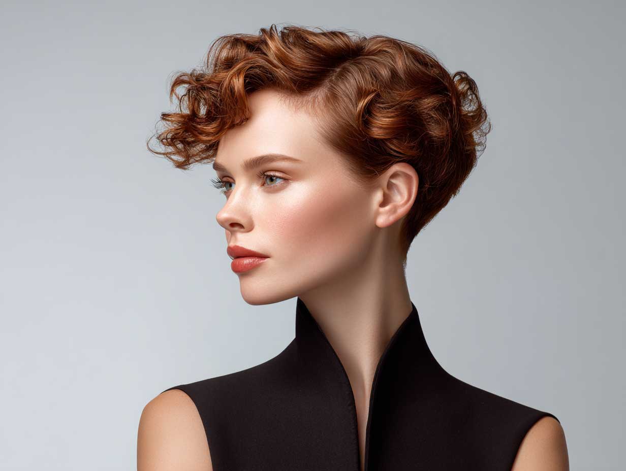 futuristic face, woman with rose copper asymmetrical pixie haircut, elevated crown, light curls, soft side fringe, smooth neutral backdrop, full-body stance