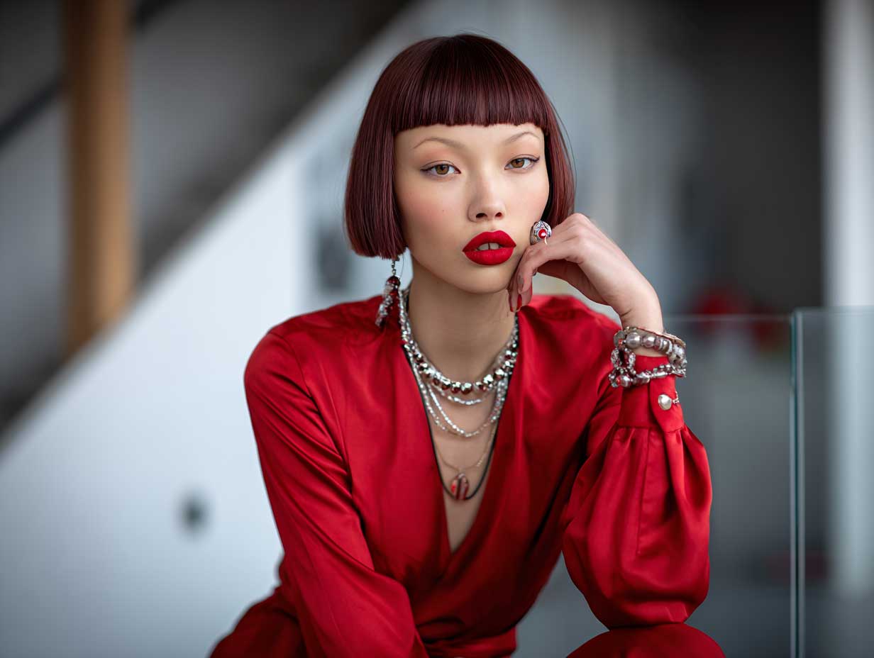 high-fashion model, cherry red chin-length blunt bob, glossy straight hair, bold lip color, indoor lighting, modern aesthetic, confident pose, full-length image