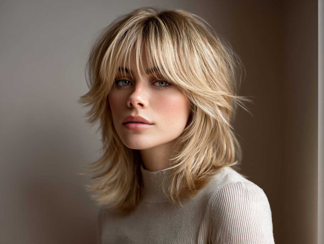runway model, sandy blonde shag haircut, soft feathered layers, wispy curtain bangs, medium length, tousled texture, casual outfit, full-length portrait
