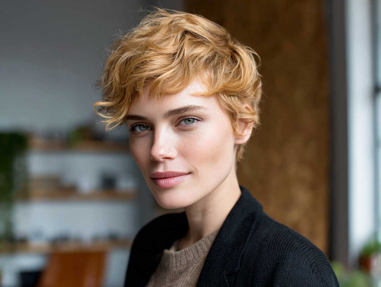 woman with golden blonde tapered pixie cut, gentle side volume, soft natural waves, minimal makeup, bright interior background, stylish outfit, full-body image