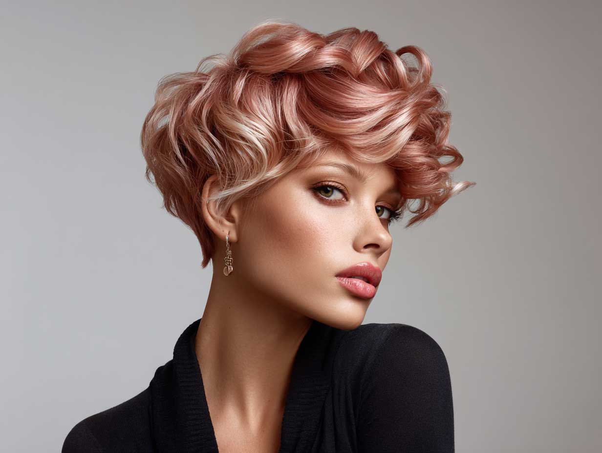 futuristic face, woman with rose copper asymmetrical pixie haircut, elevated crown, light curls, soft side fringe, smooth neutral backdrop, full-body stance
