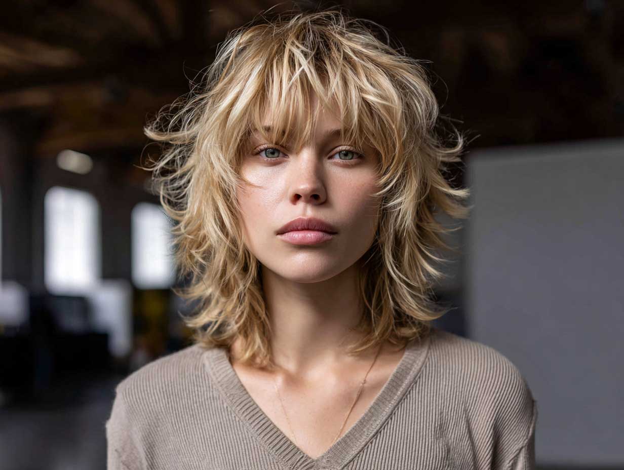 runway model, sandy blonde shag haircut, soft feathered layers, wispy curtain bangs, medium length, tousled texture, casual outfit, full-length portrait