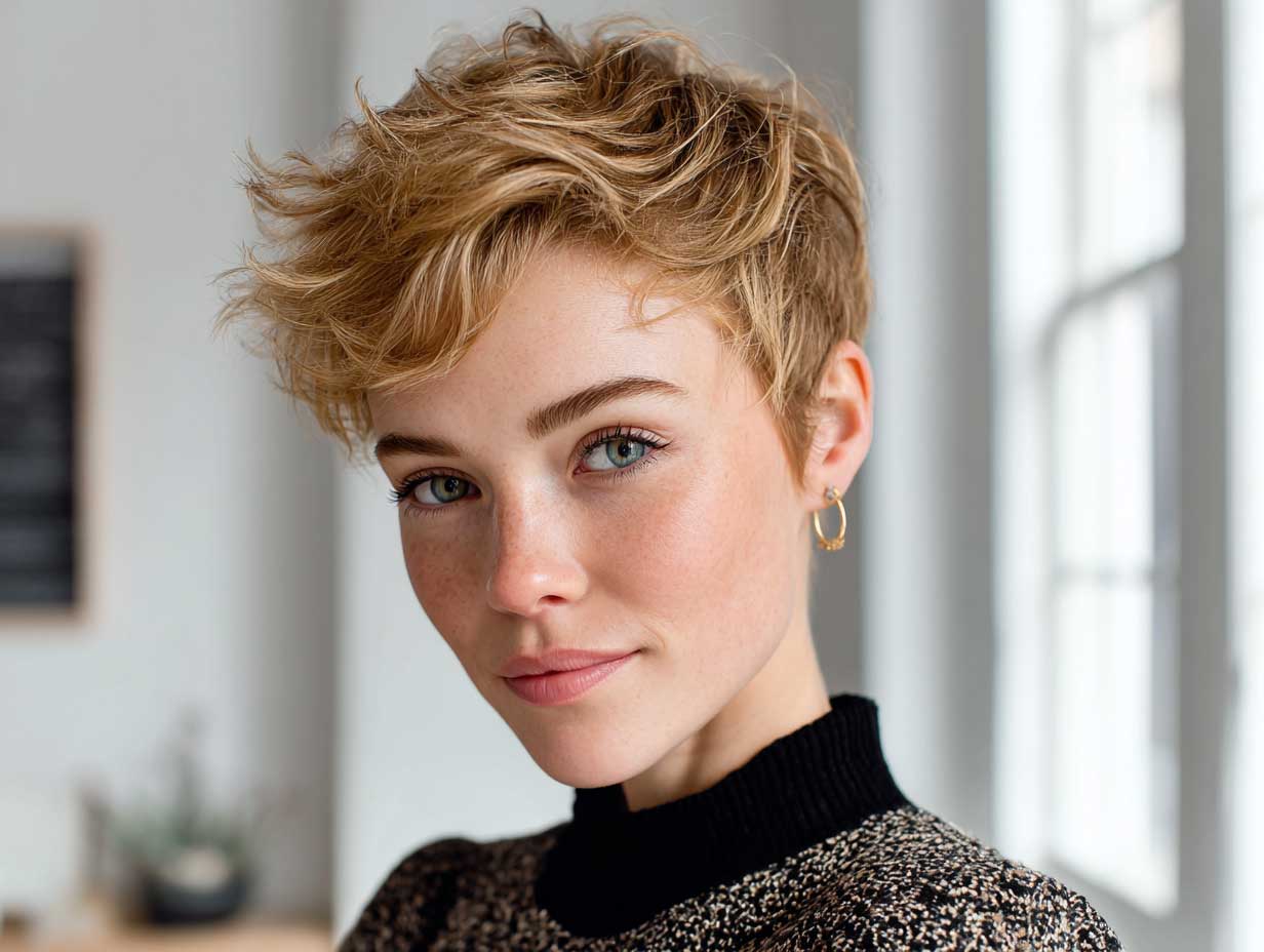 woman with golden blonde tapered pixie cut, gentle side volume, soft natural waves, minimal makeup, bright interior background, stylish outfit, full-body image