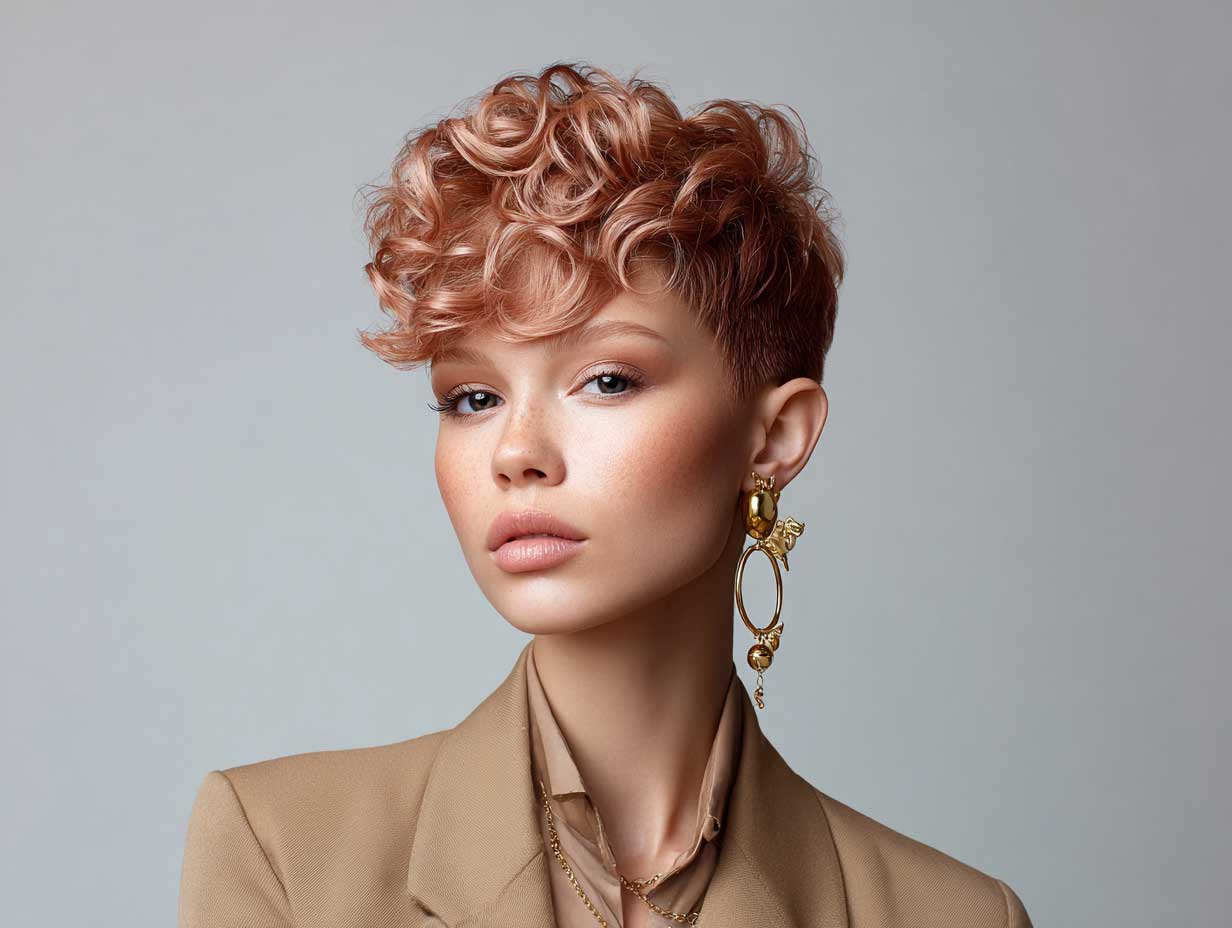 futuristic face, woman with rose copper asymmetrical pixie haircut, elevated crown, light curls, soft side fringe, smooth neutral backdrop, full-body stance