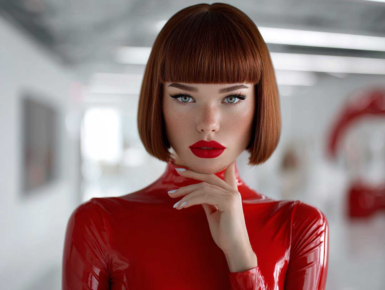 high-fashion model, cherry red chin-length blunt bob, glossy straight hair, bold lip color, indoor lighting, modern aesthetic, confident pose, full-length image