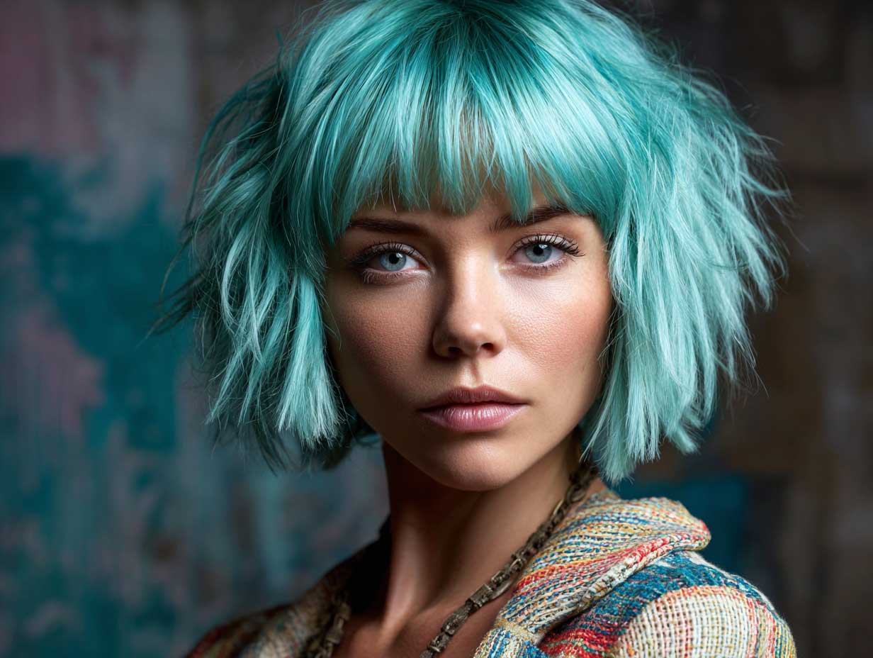 creative model, teal green shag haircut, chin to shoulder length, bold choppy fringe, edgy styling, colored hair texture, contemporary wardrobe, artistic backdrop, full-length photo