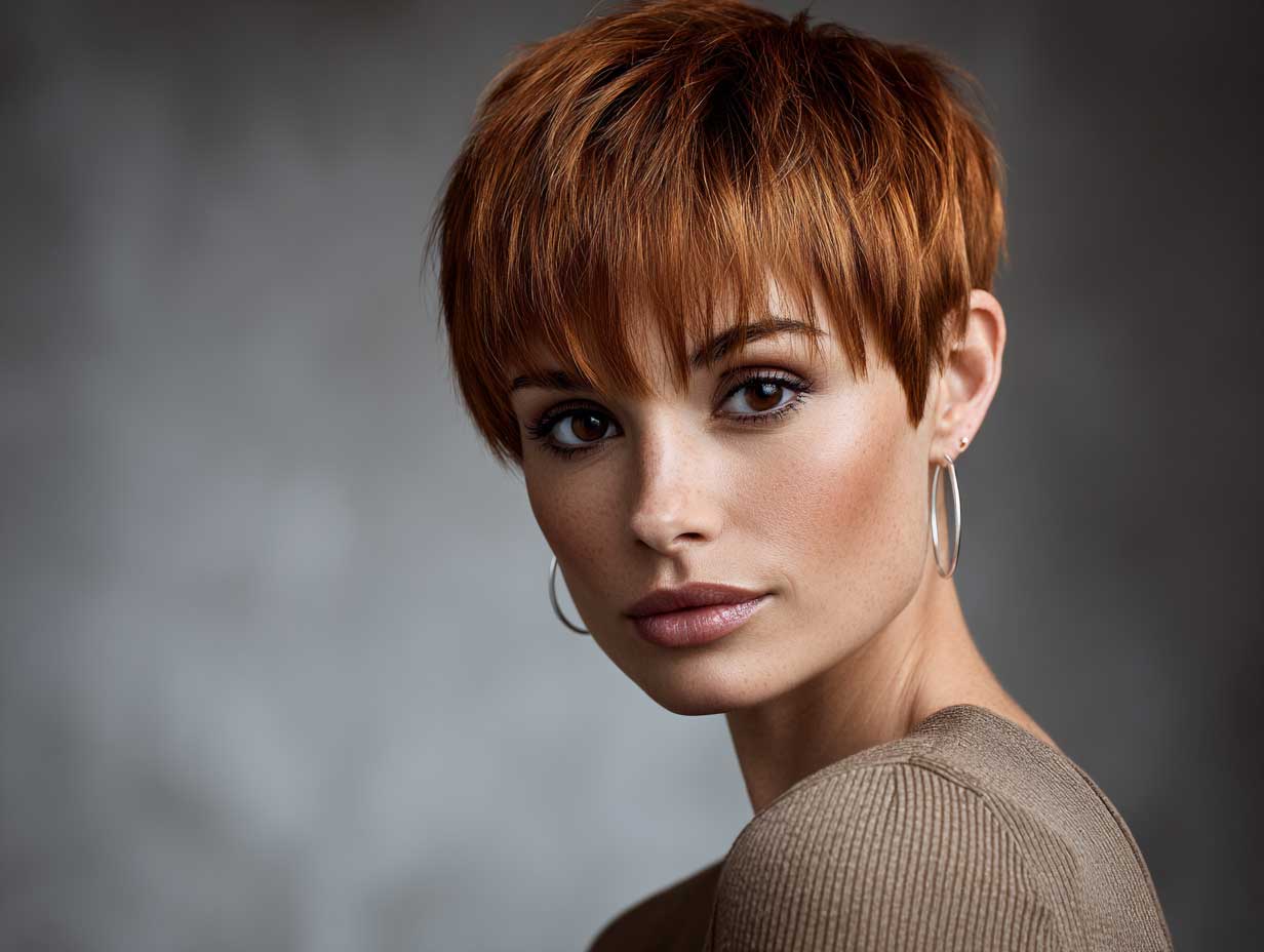 female model with copper tapered pixie haircut, short micro fringe, sleek texture, soft studio lighting, neutral background, modern clothing, full-length composition