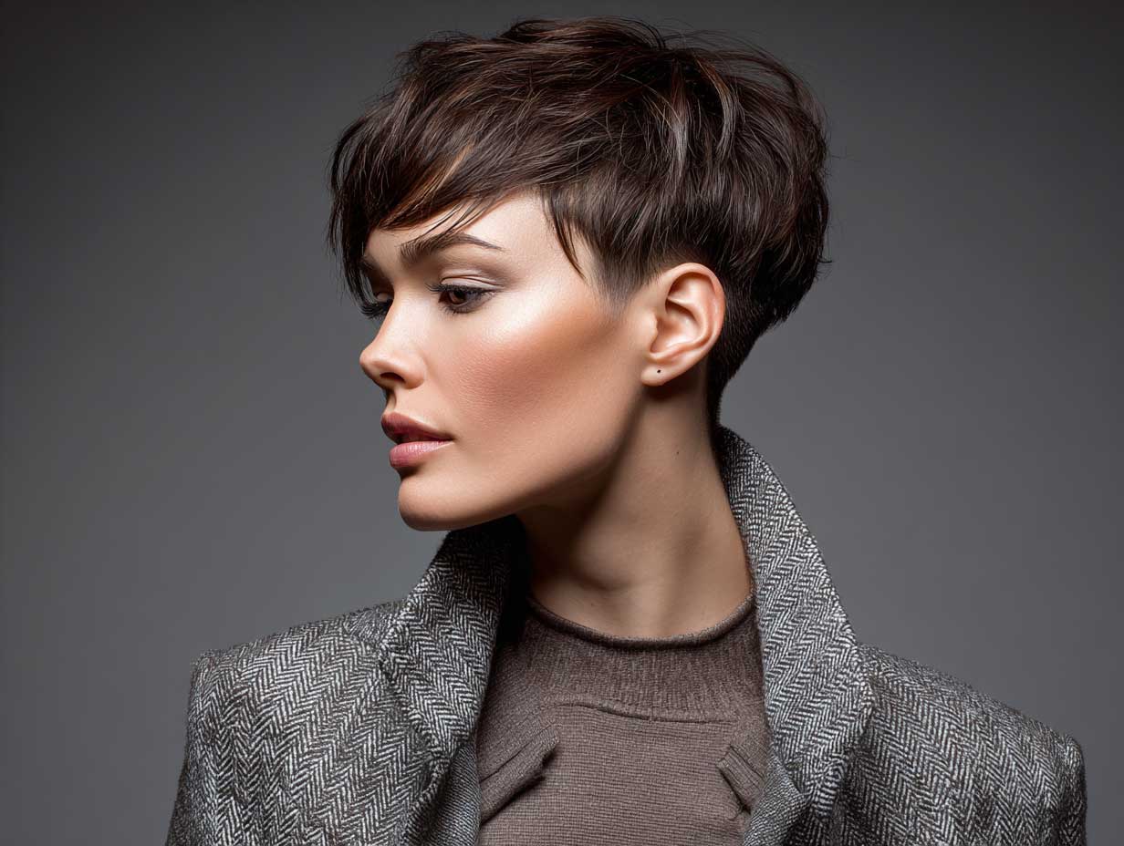 futuristic face, female model with espresso brown asymmetrical pixie cut, soft textured layers, natural finish, subtle side angle, ambient lighting, neutral set design, full-body pose
