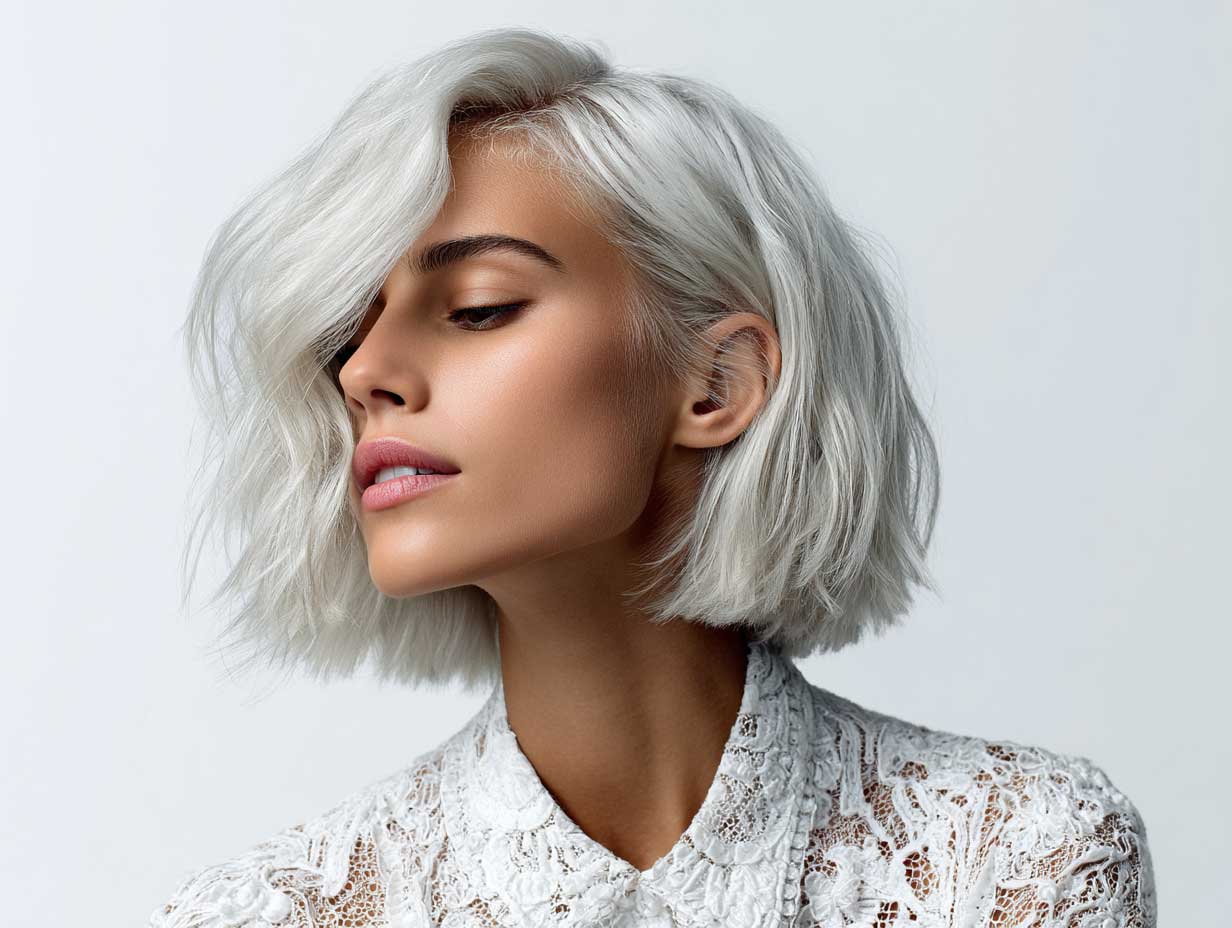 editorial style model, platinum blonde chin-length blunt bob, deep side part, soft wave texture, fashion editorial, white background, sharp lighting, minimal makeup