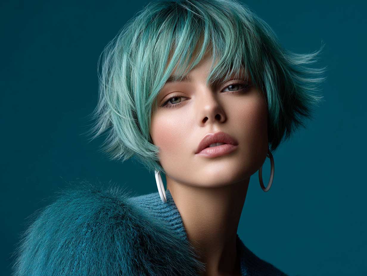 creative model, teal green shag haircut, chin to shoulder length, bold choppy fringe, edgy styling, colored hair texture, contemporary wardrobe, artistic backdrop, full-length photo