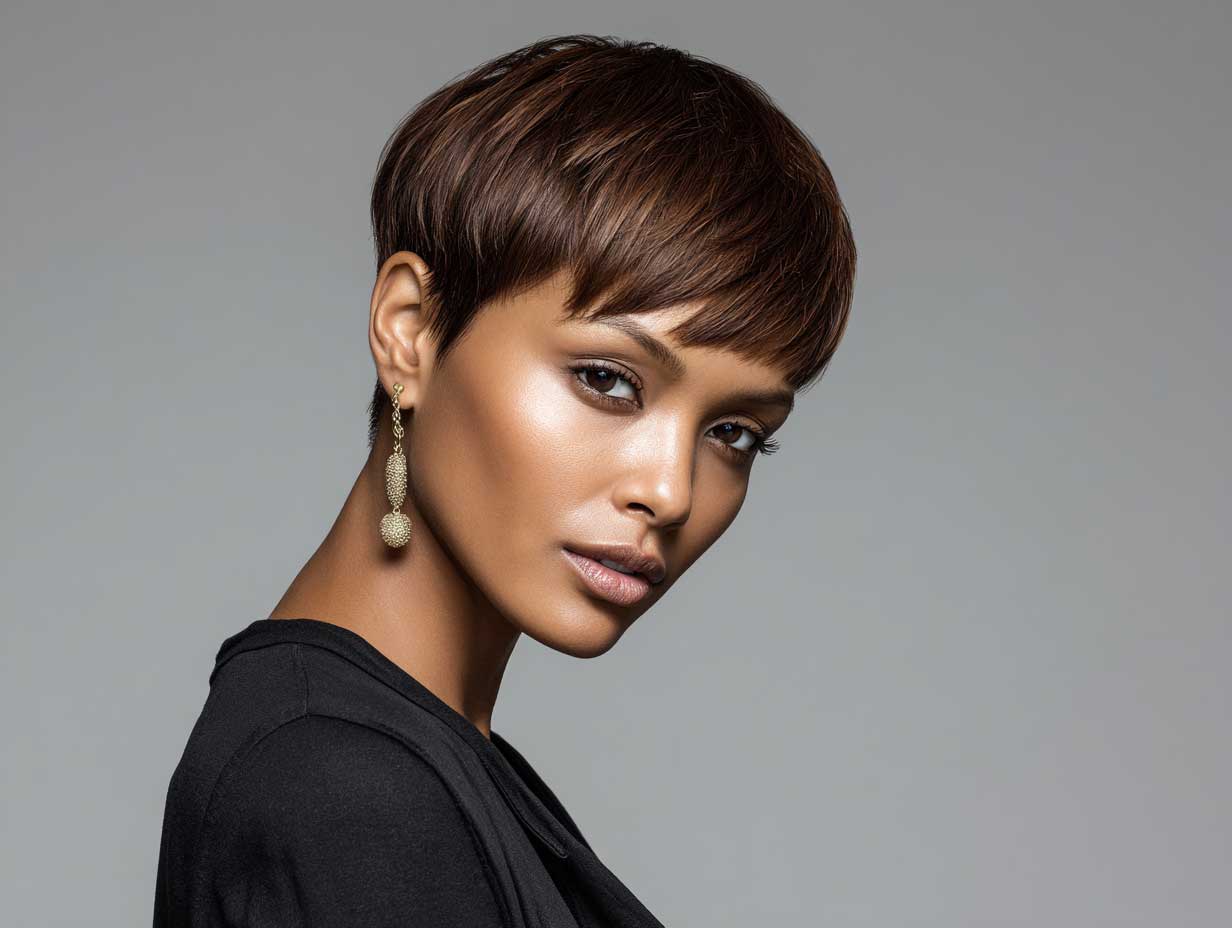 female model with copper tapered pixie haircut, short micro fringe, sleek texture, soft studio lighting, neutral background, modern clothing, full-length composition