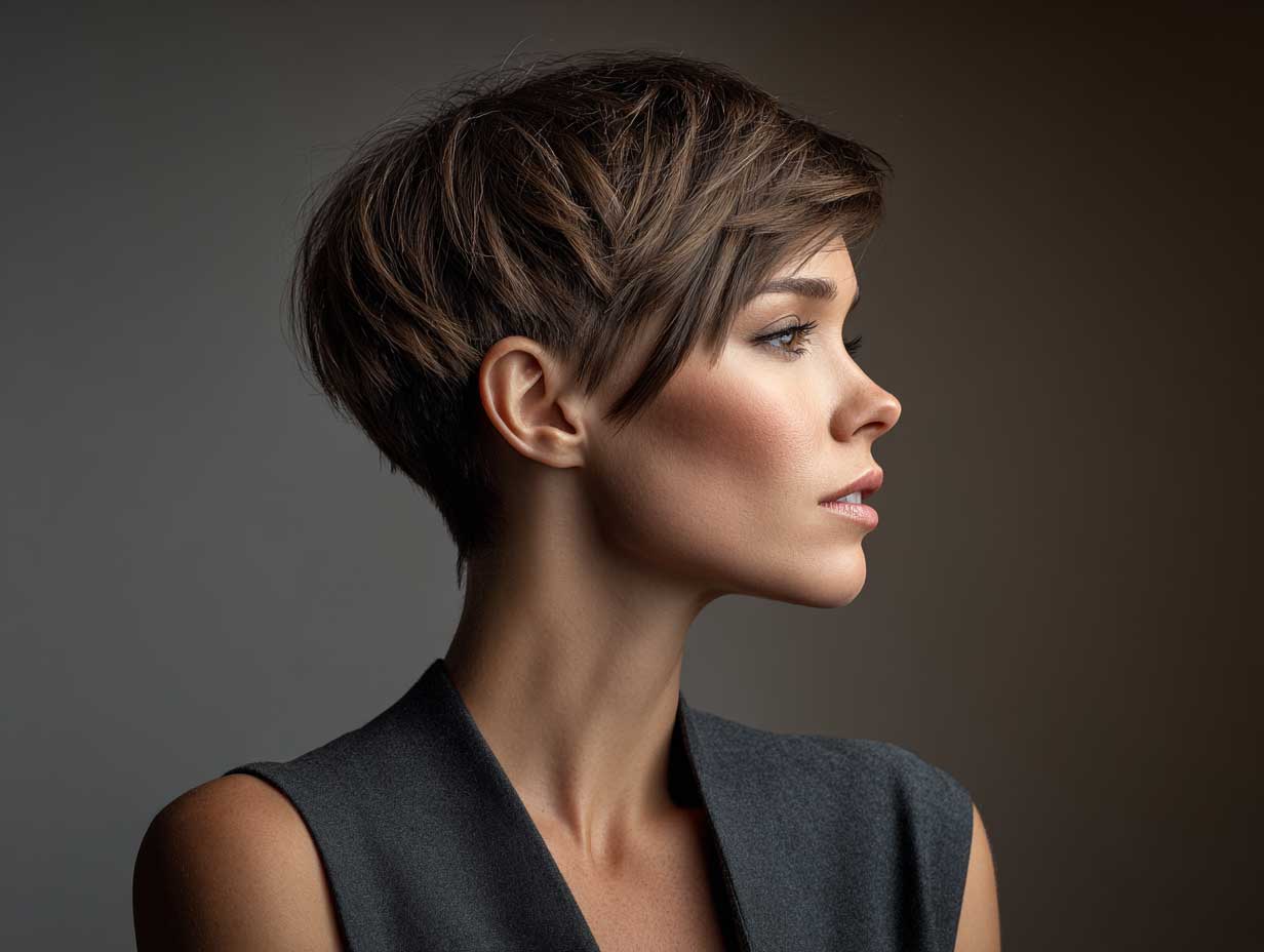 futuristic face, female model with espresso brown asymmetrical pixie cut, soft textured layers, natural finish, subtle side angle, ambient lighting, neutral set design, full-body pose