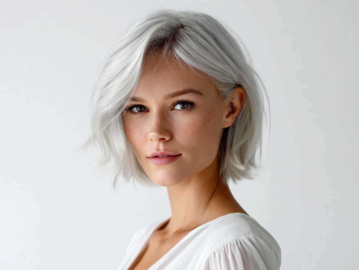 editorial style model, platinum blonde chin-length blunt bob, deep side part, soft wave texture, fashion editorial, white background, sharp lighting, minimal makeup