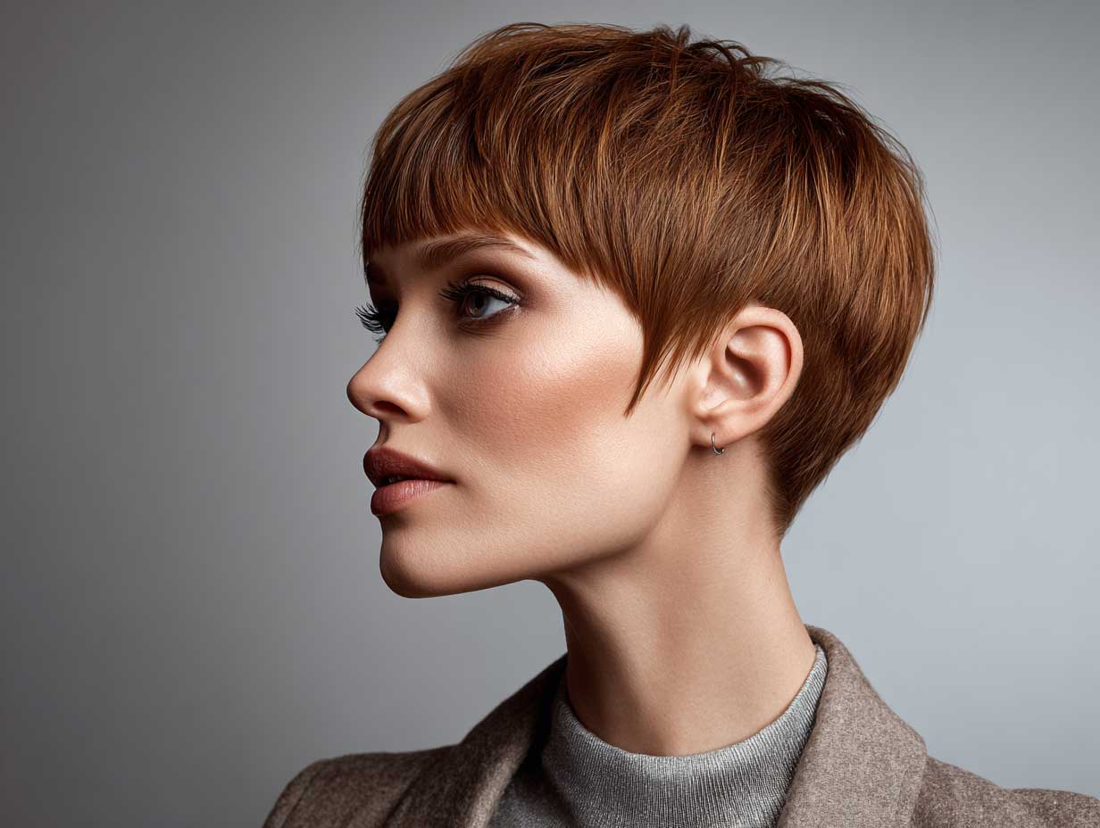 female model with copper tapered pixie haircut, short micro fringe, sleek texture, soft studio lighting, neutral background, modern clothing, full-length composition