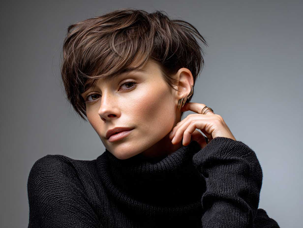 futuristic face, female model with espresso brown asymmetrical pixie cut, soft textured layers, natural finish, subtle side angle, ambient lighting, neutral set design, full-body pose