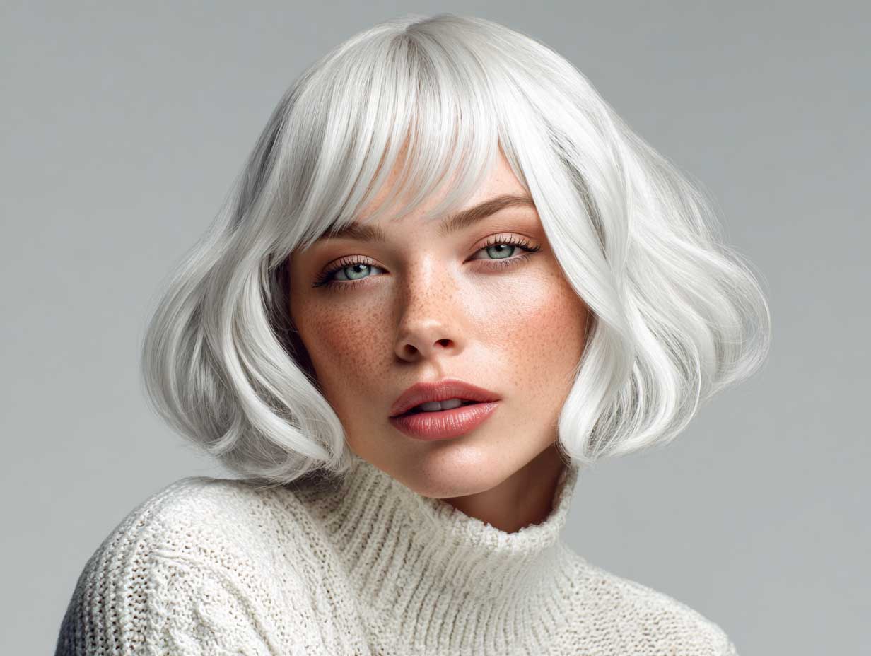 editorial style model, platinum blonde chin-length blunt bob, deep side part, soft wave texture, fashion editorial, white background, sharp lighting, minimal makeup