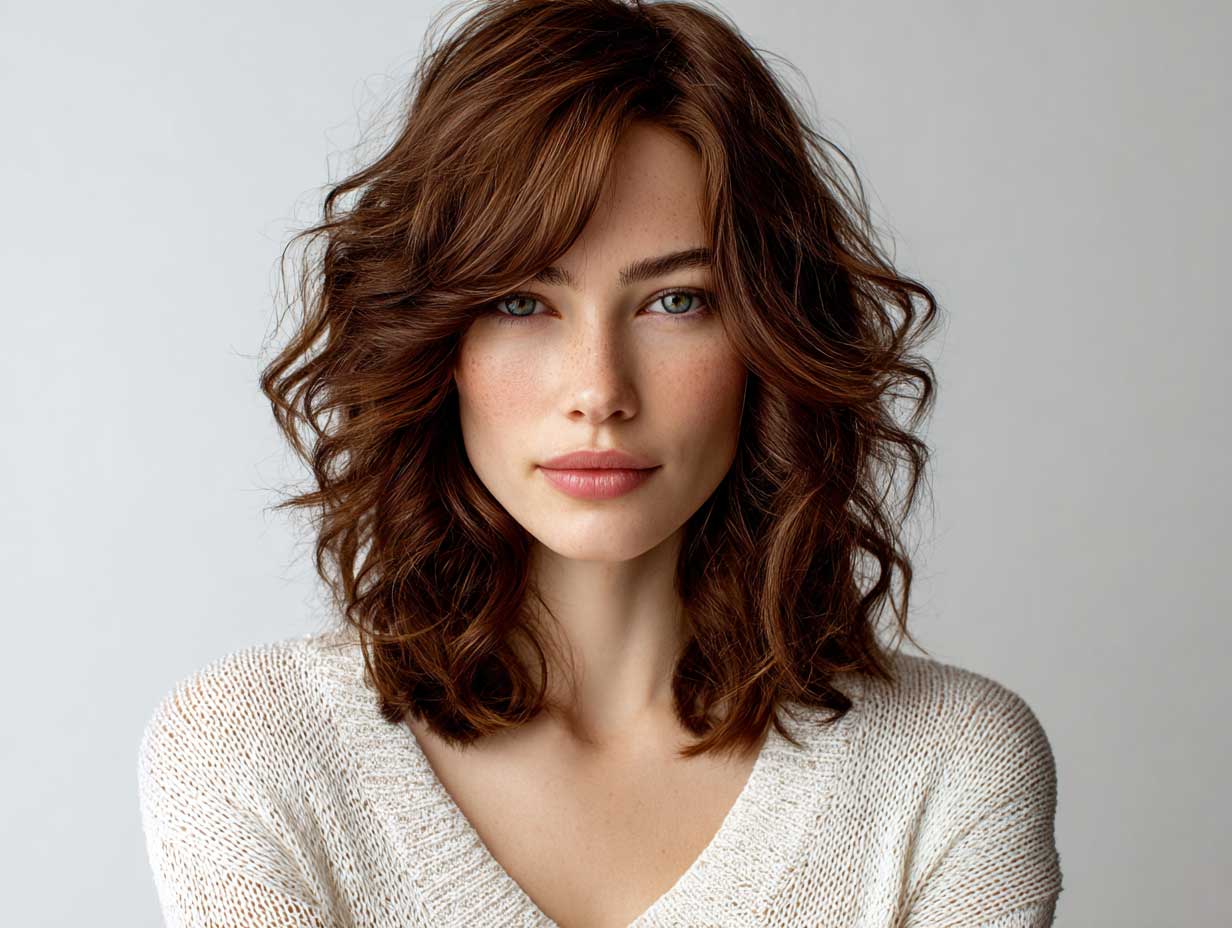 beauty model, chestnut brown soft shag haircut, layered shoulder length, subtle face-framing highlights, natural makeup, classic styling, white backdrop, full-length capture