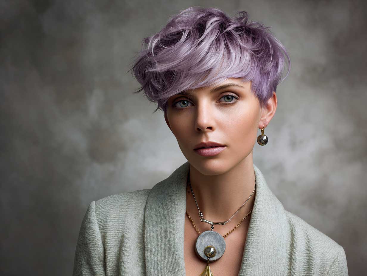 model with violet layered tapered pixie cut, tousled hair texture, artistic lighting, soft shadows, neutral backdrop, contemporary clothing, full-length standing view