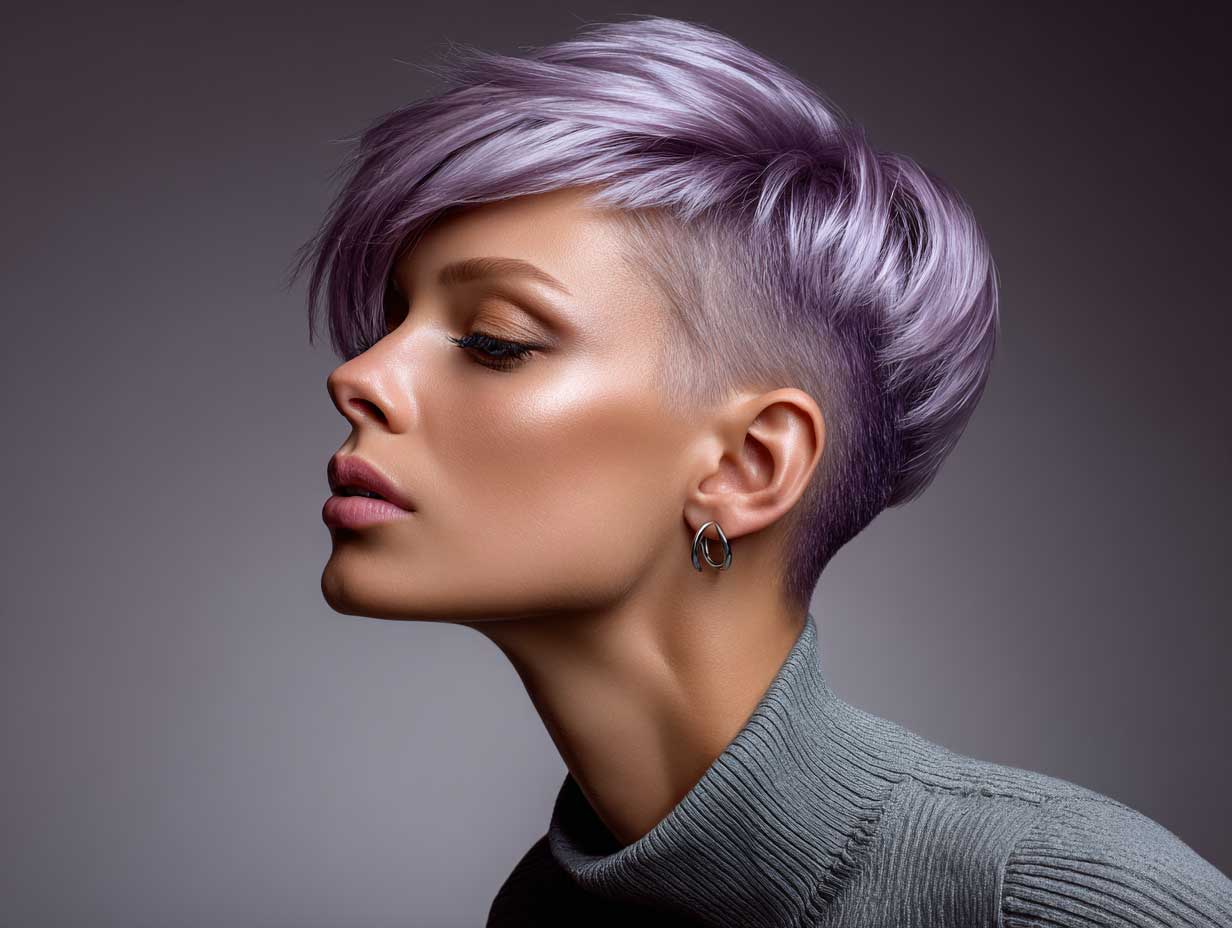 futuristic face, woman with lavender asymmetrical pixie haircut, side-swept bangs, sharp side part, textured ends, high-contrast studio lighting, minimalist background, full-length standing view